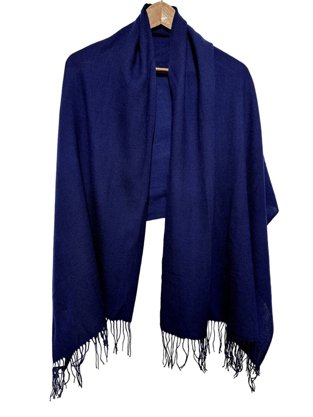 100% Cashmere Pashmina Wrap Navy Blue Fringe Shawl Quiet Luxury NWT